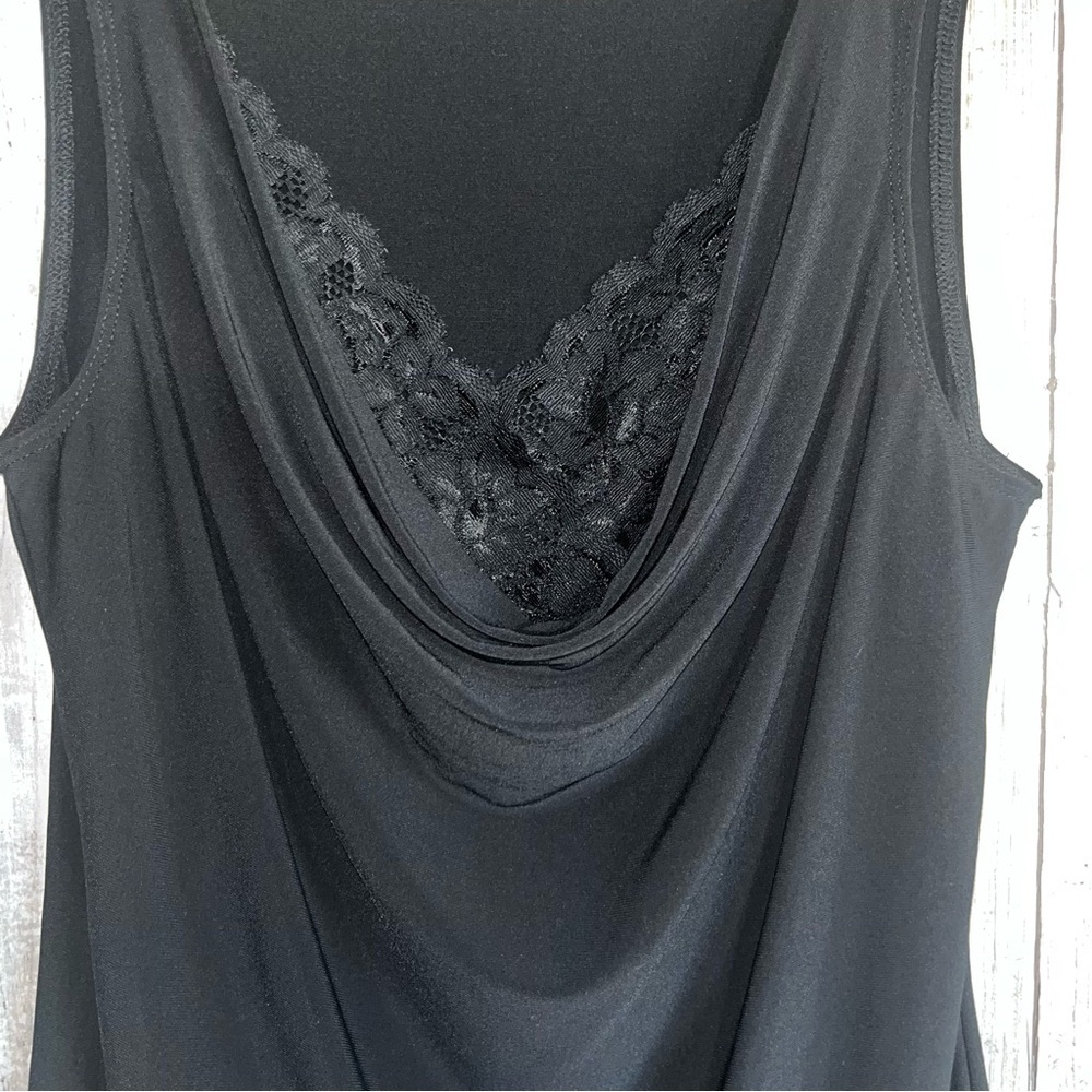 White House Black Market black cowl neck sleeveless top with a lace underlay - Picture 2 of 4